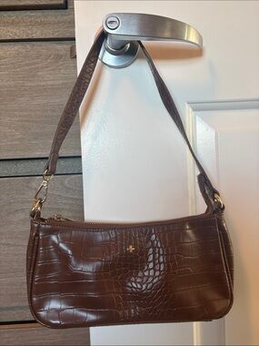 Peta + Jain Dark Brown Croc-Embossed Shoulder Bag with Gold Hardware